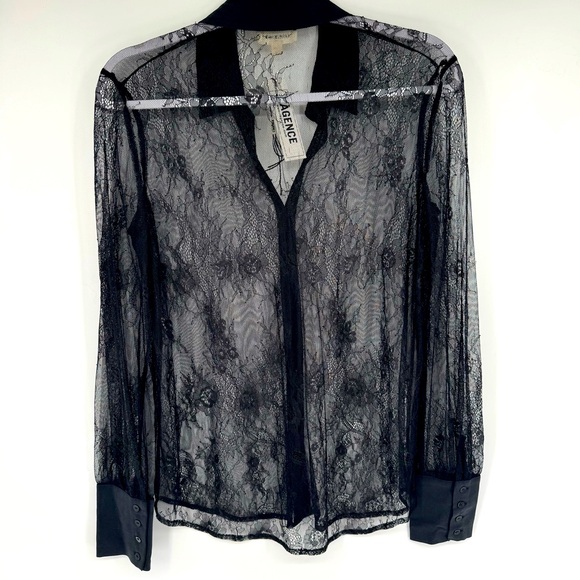 L’AGENCE Lace Button Up Blouse Long Sleeves in Black Size XS Fits M - Picture 4 of 6